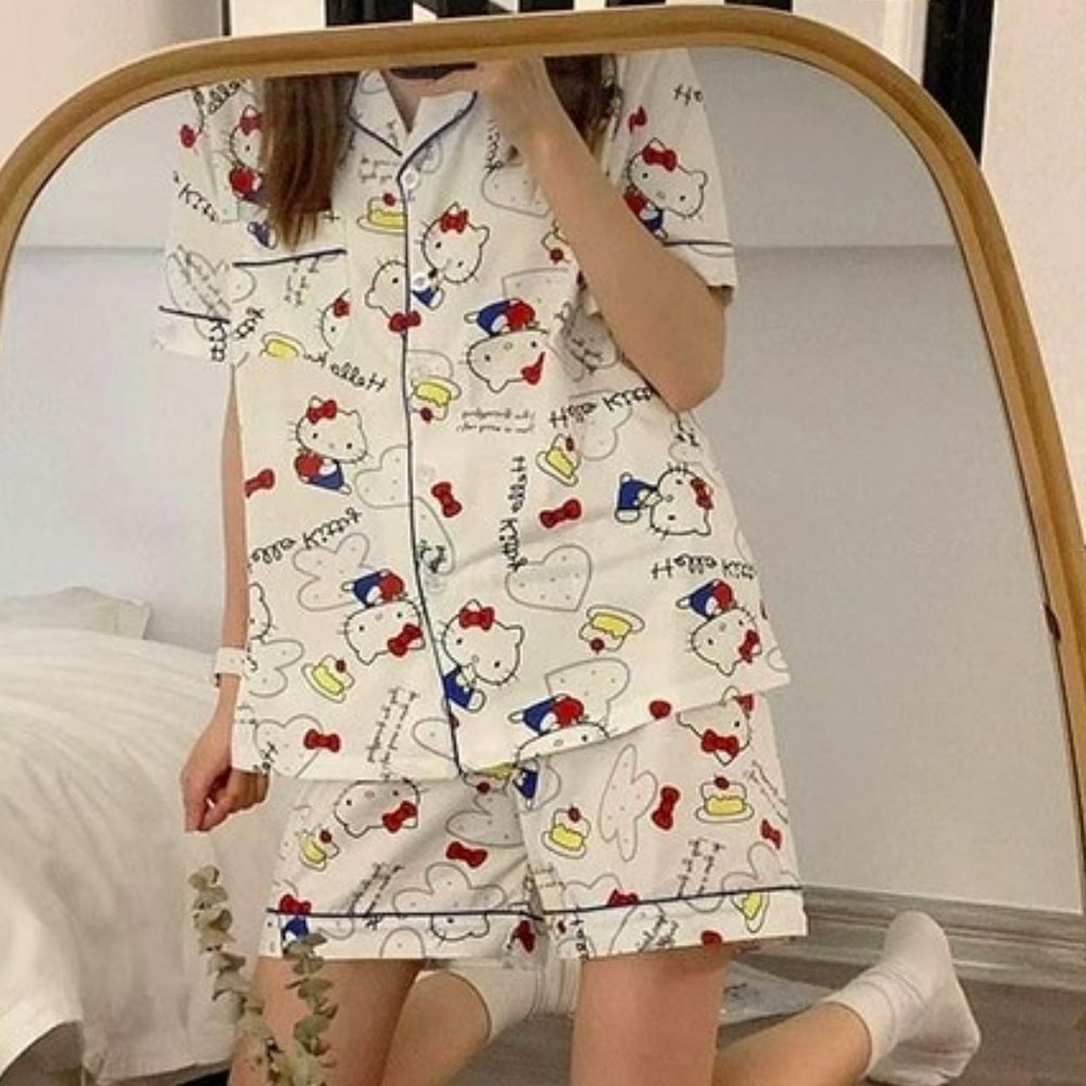 Hello Kitty Pajama Set Button Down Top & Ruffle Bottom Shorts White (L/M)